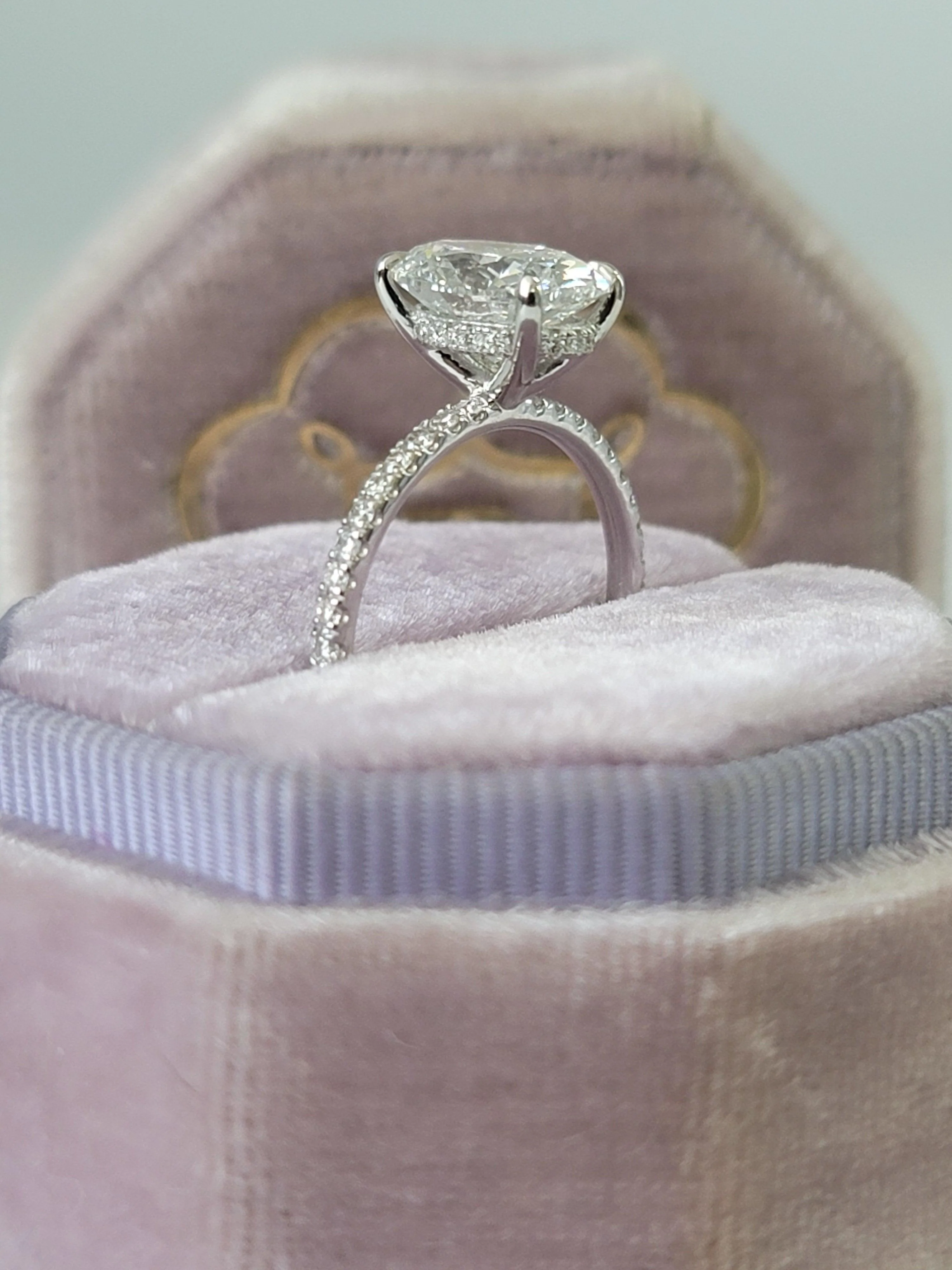 2.50 Carats Lab Grown Oval Cut Micropaved Side Stones Hidden Halo Diamond Engagement Ring - Image 4