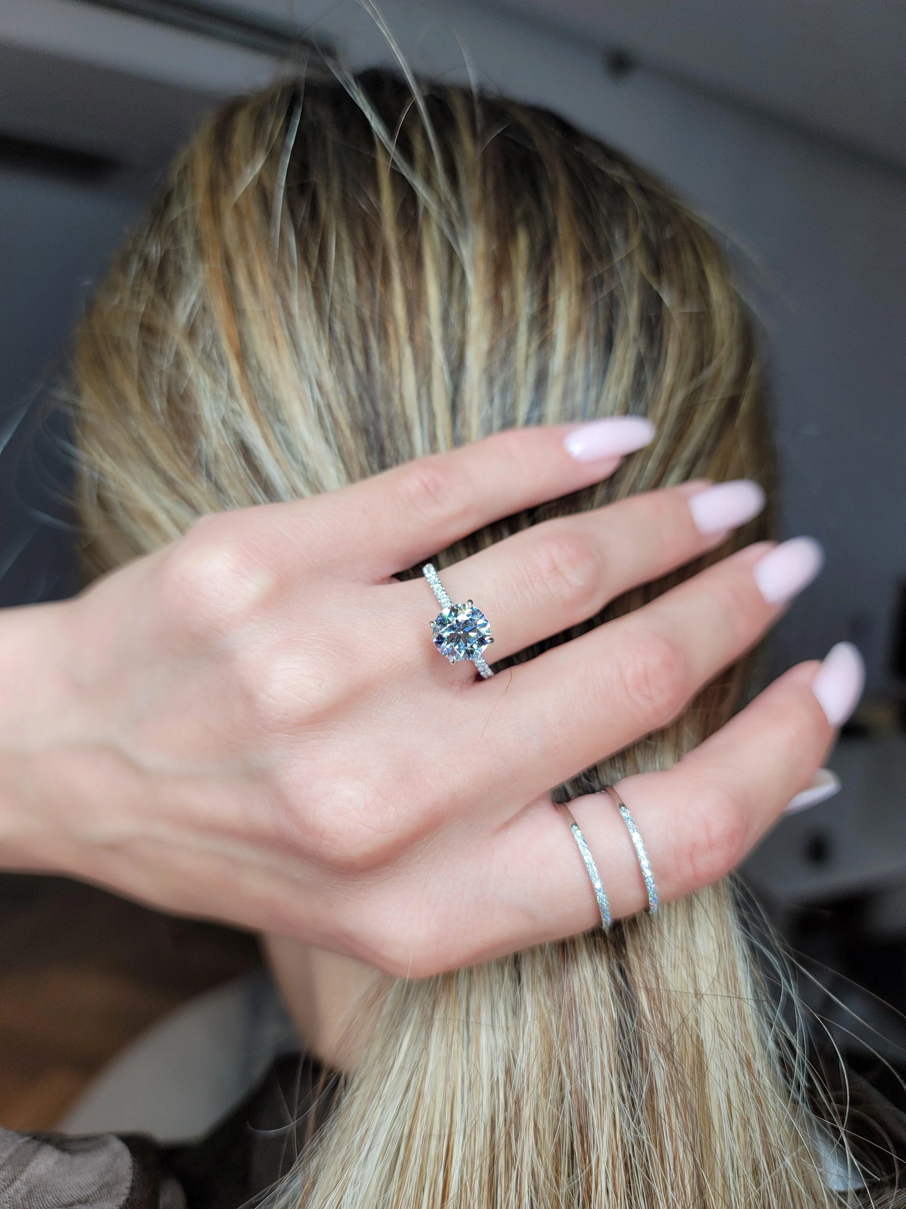 2.50 Carats Lab Grown Round Brilliant Cut Micropave Side Stones Hidden Halo Accented Prongs Diamond Engagement Ring - Image 4