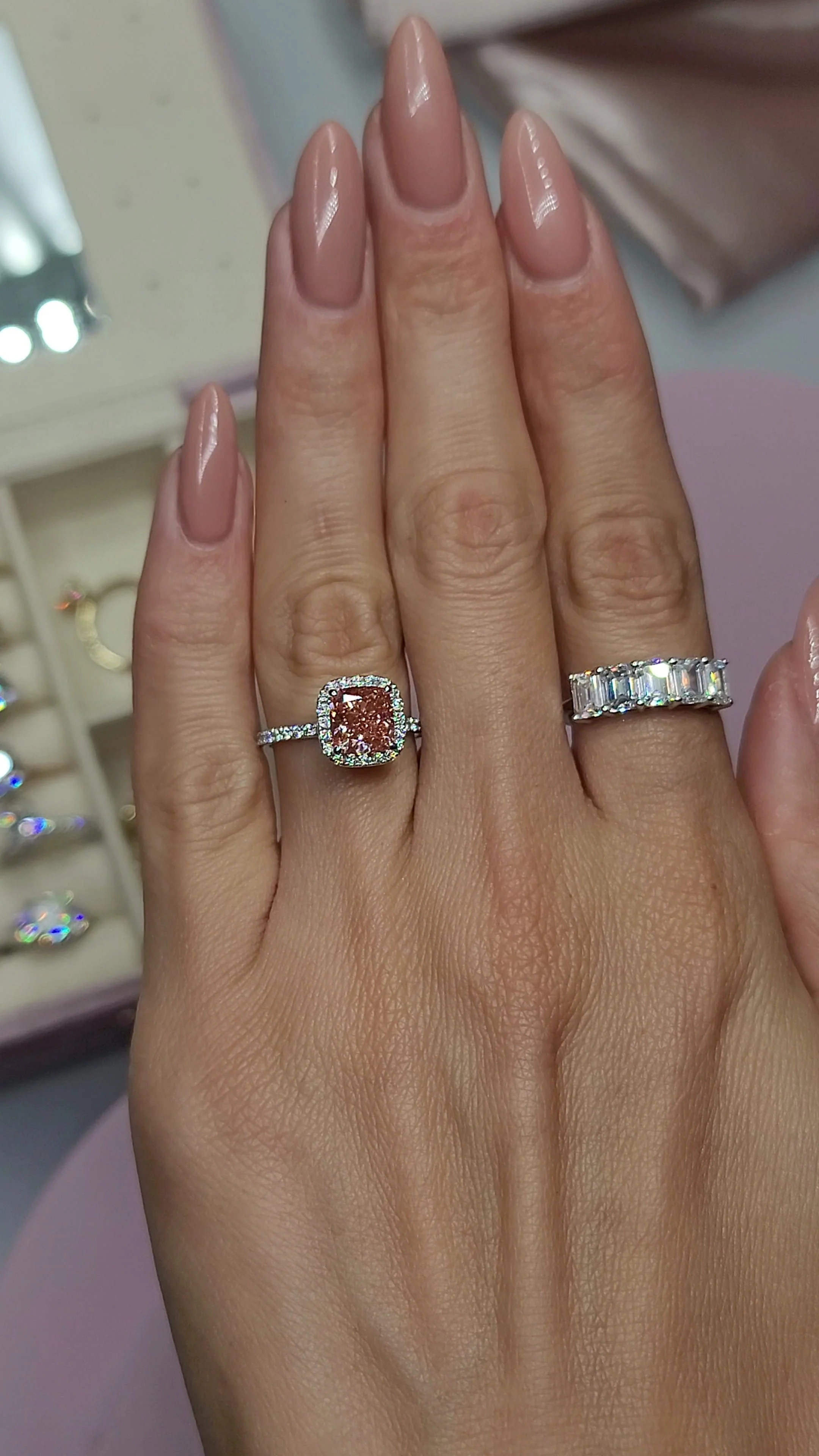 2.69 Carats Lab Grown Fancy Intense Pink Cushion Cut Micropaved Halo Side Stones Diamond Engagement Ring - Image 3