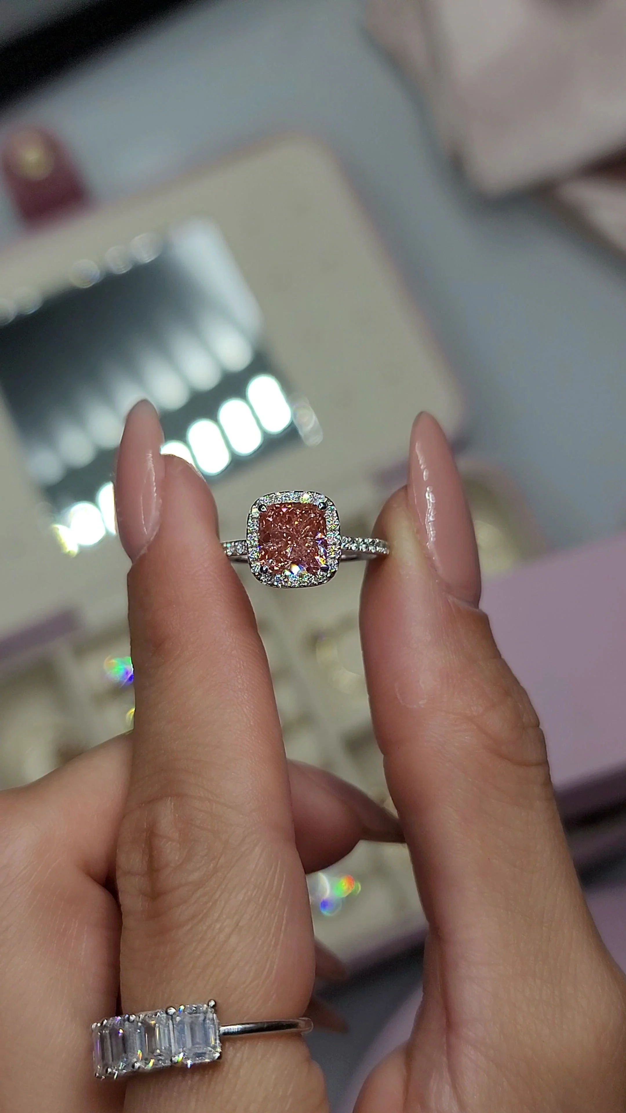 2.69 Carats Lab Grown Fancy Intense Pink Cushion Cut Micropaved Halo Side Stones Diamond Engagement Ring - Image 4