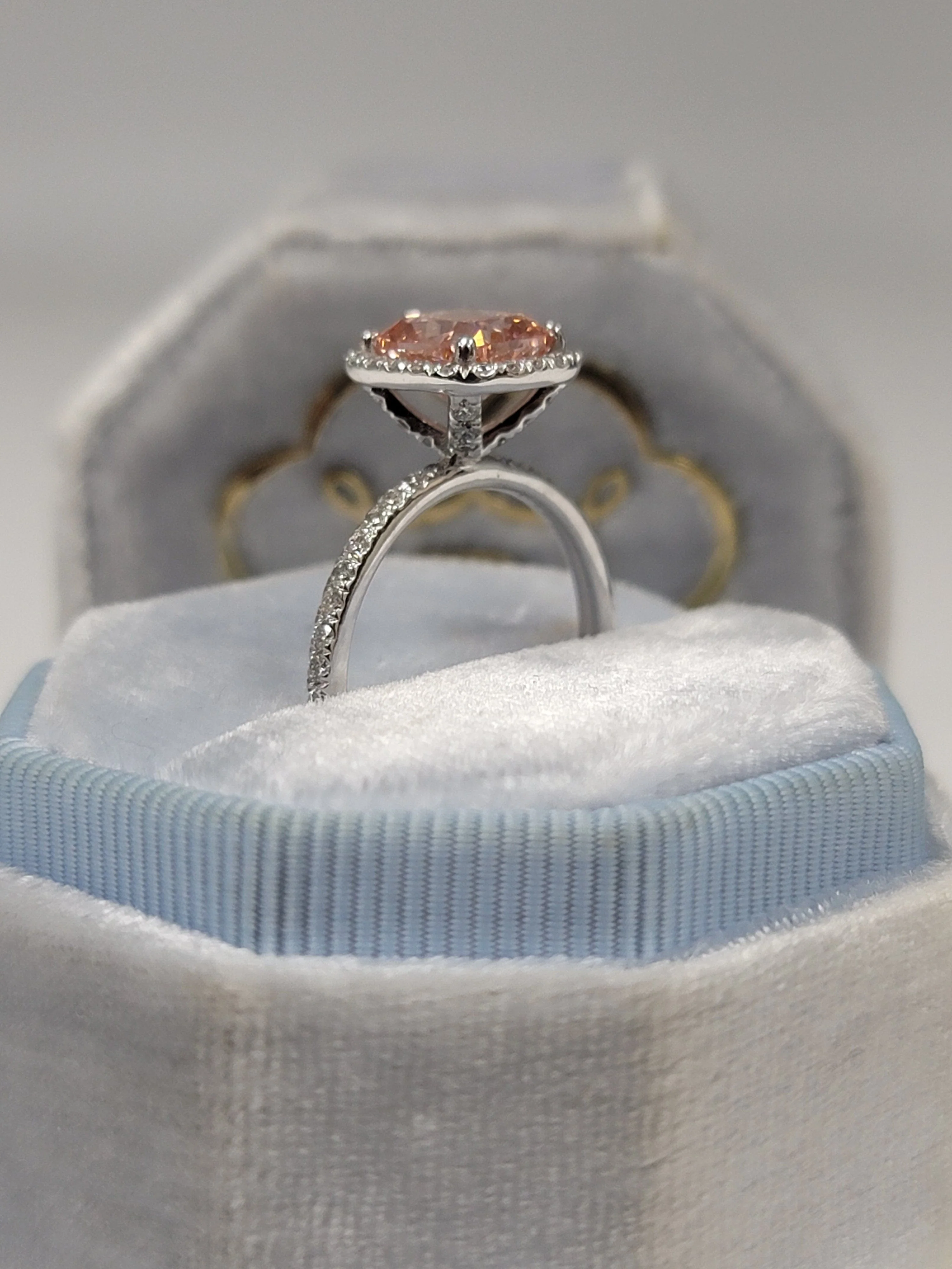 2.69 Carats Lab Grown Fancy Intense Pink Cushion Cut Micropaved Halo Side Stones Diamond Engagement Ring - Image 5