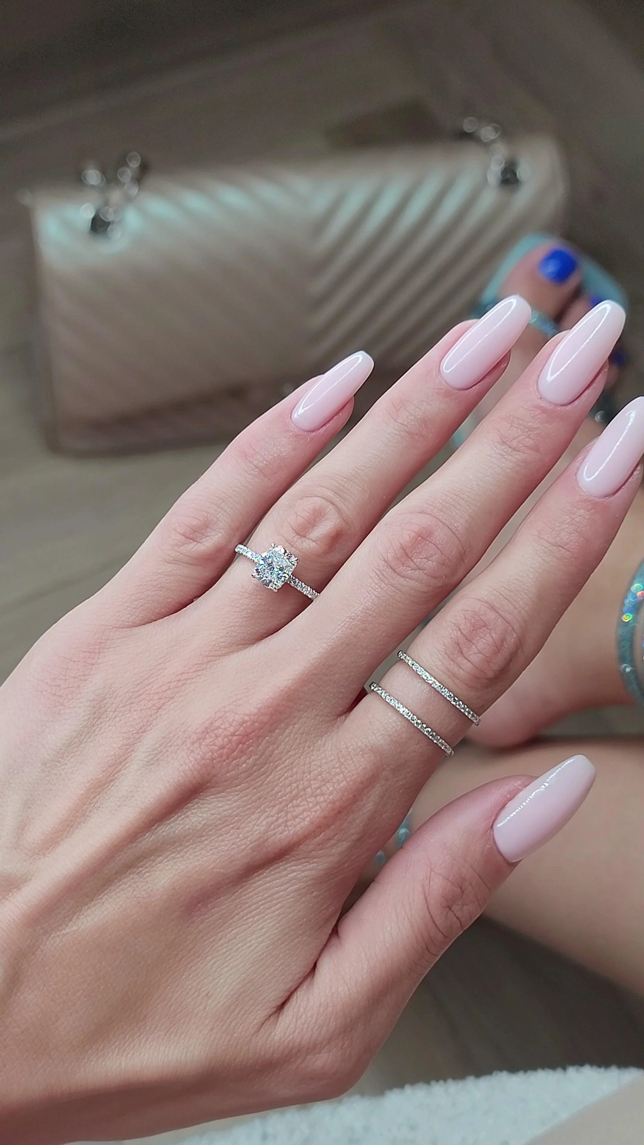 2 Carats Lab Grown Elongated Cushion Cut Micropaved Side Stones Hidden Halo Diamond Engagement Ring - Image 3