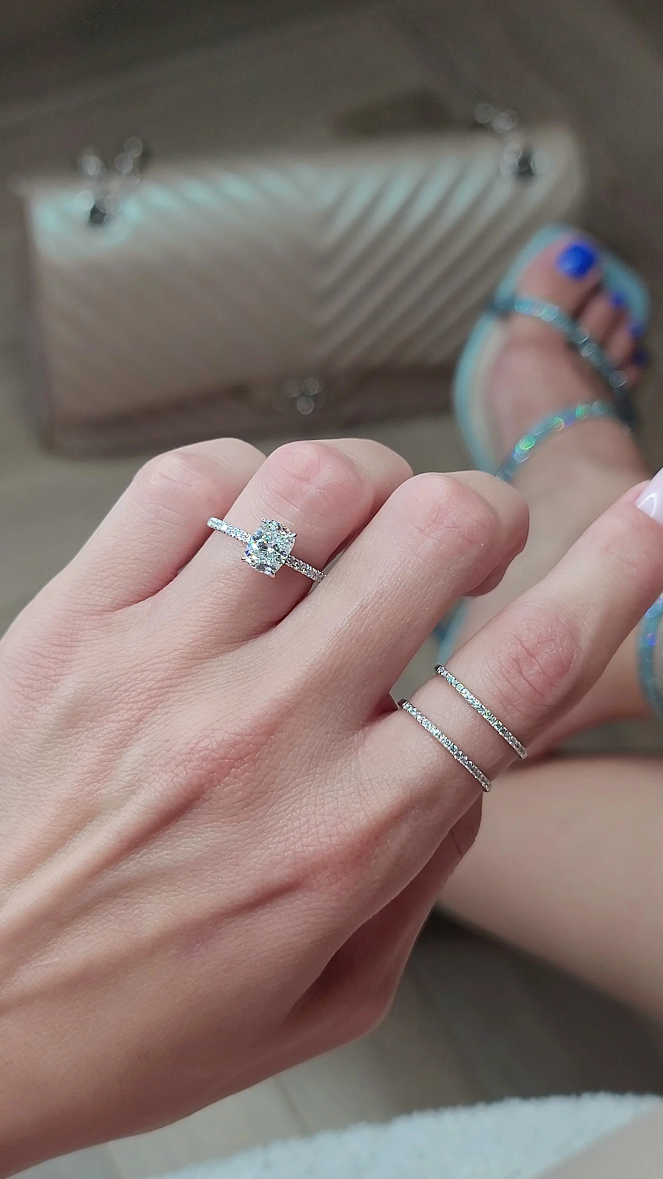 2 Carats Lab Grown Elongated Cushion Cut Micropaved Side Stones Hidden Halo Diamond Engagement Ring - Image 5