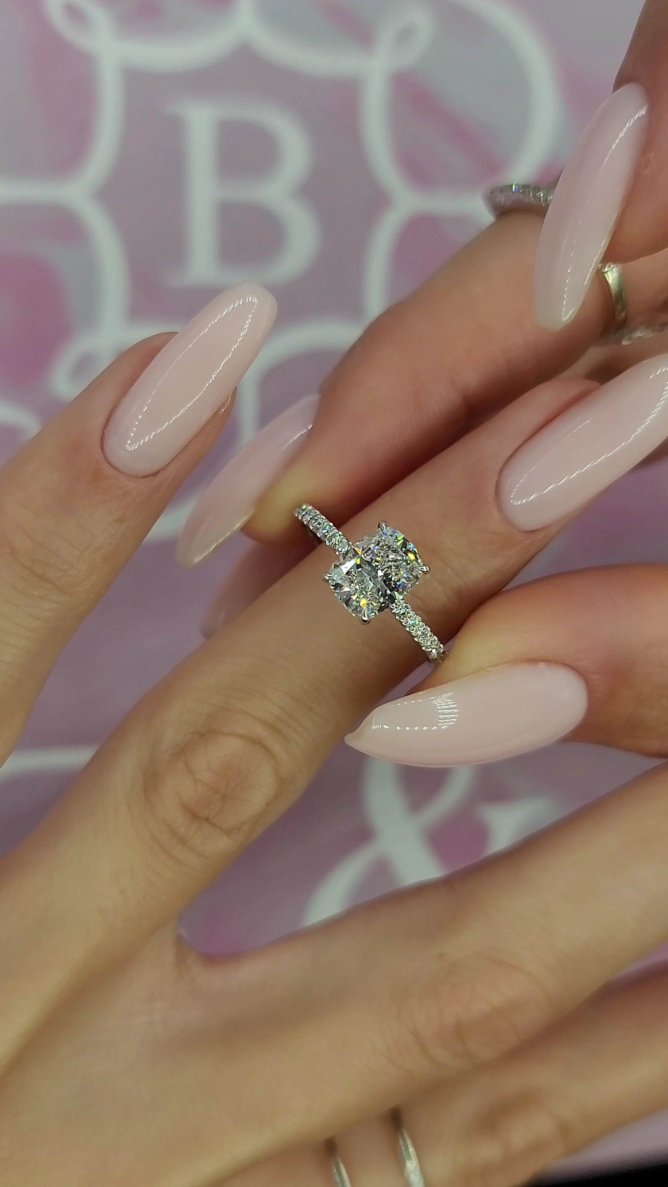 2 Carats Lab Grown Elongated Cushion Cut Micropaved Side Stones Hidden Halo Diamond Engagement Ring - Image 6