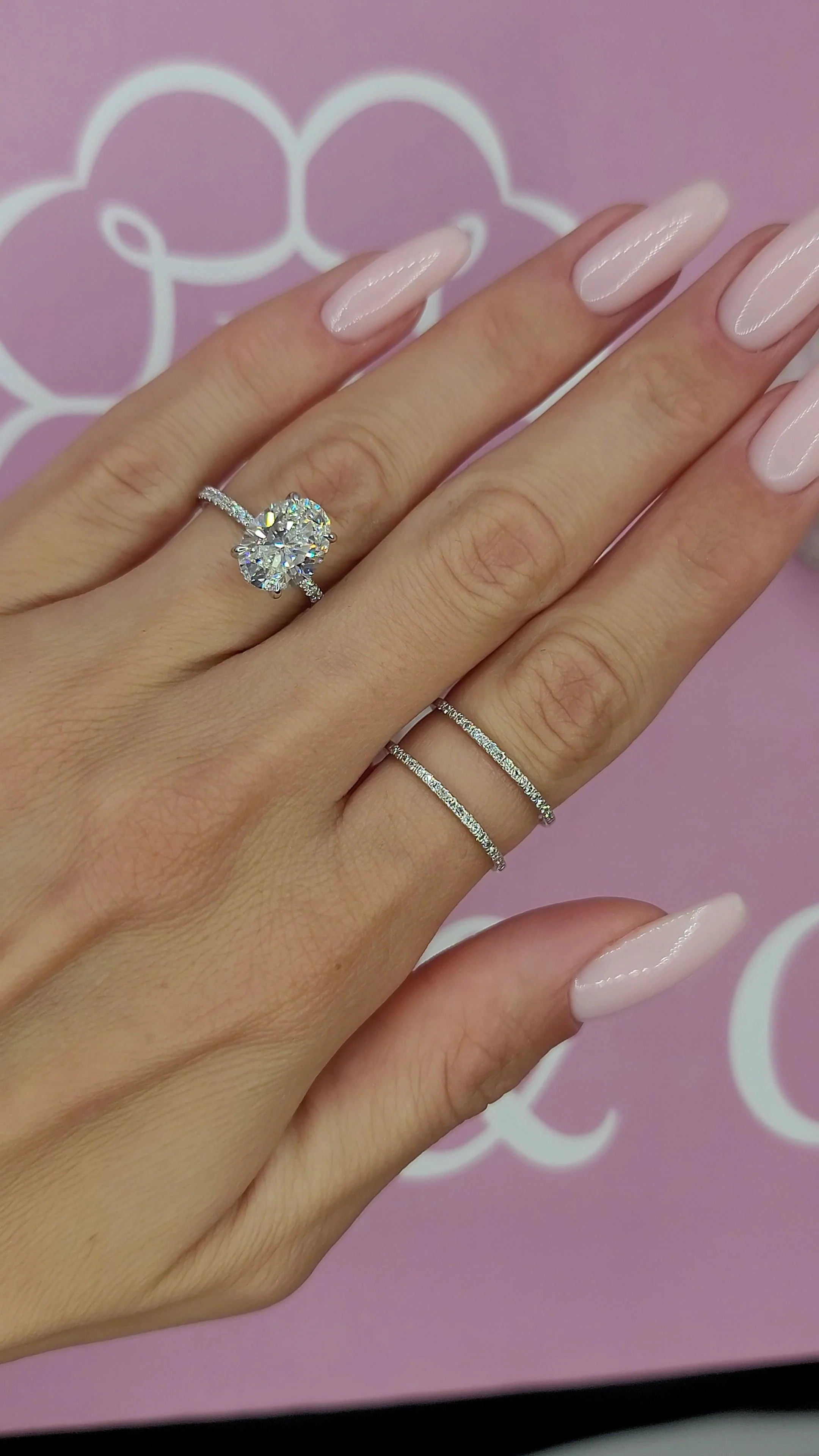 3.45 Carats Lab Grown Oval Cut Micropaved Side Stones Hidden Halo Diamond Engagement Ring - Image 4