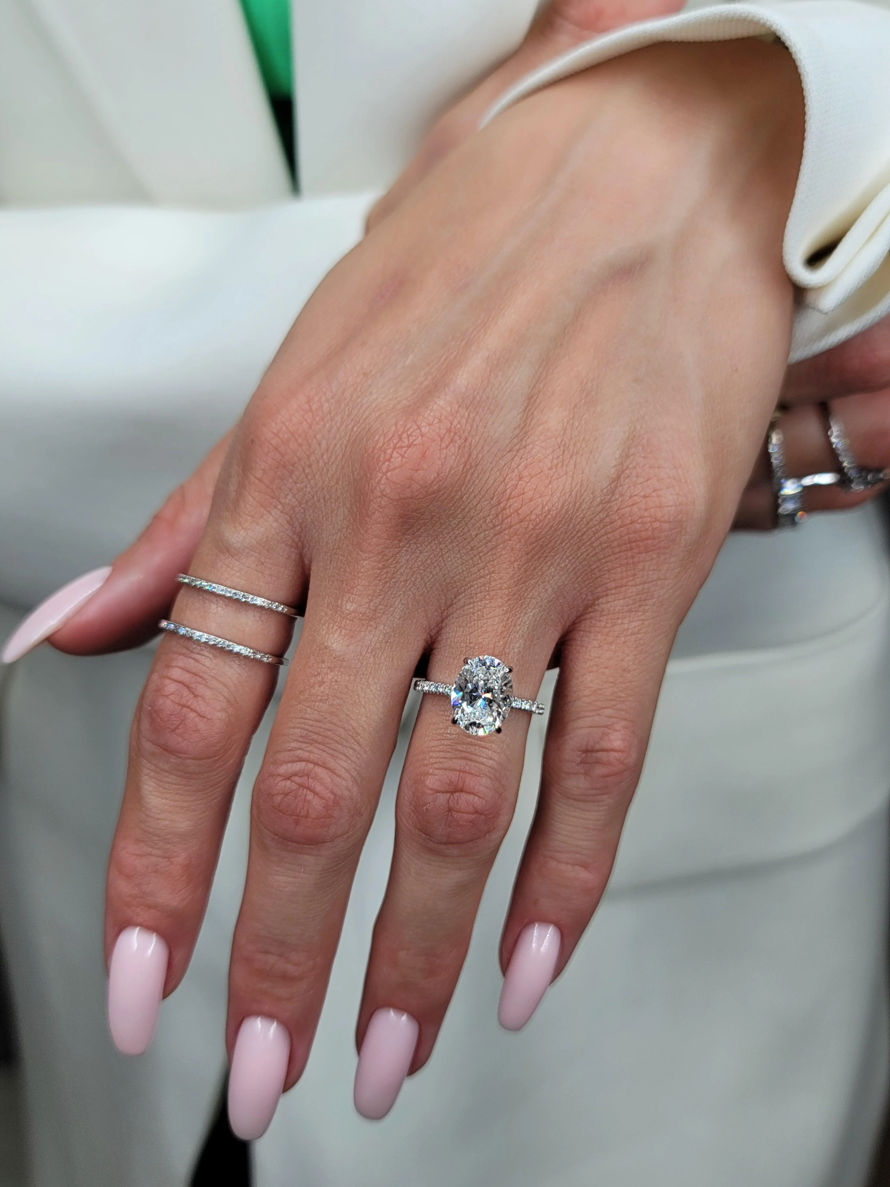 3.45 Carats Lab Grown Oval Cut Micropaved Side Stones Hidden Halo Diamond Engagement Ring - Image 5