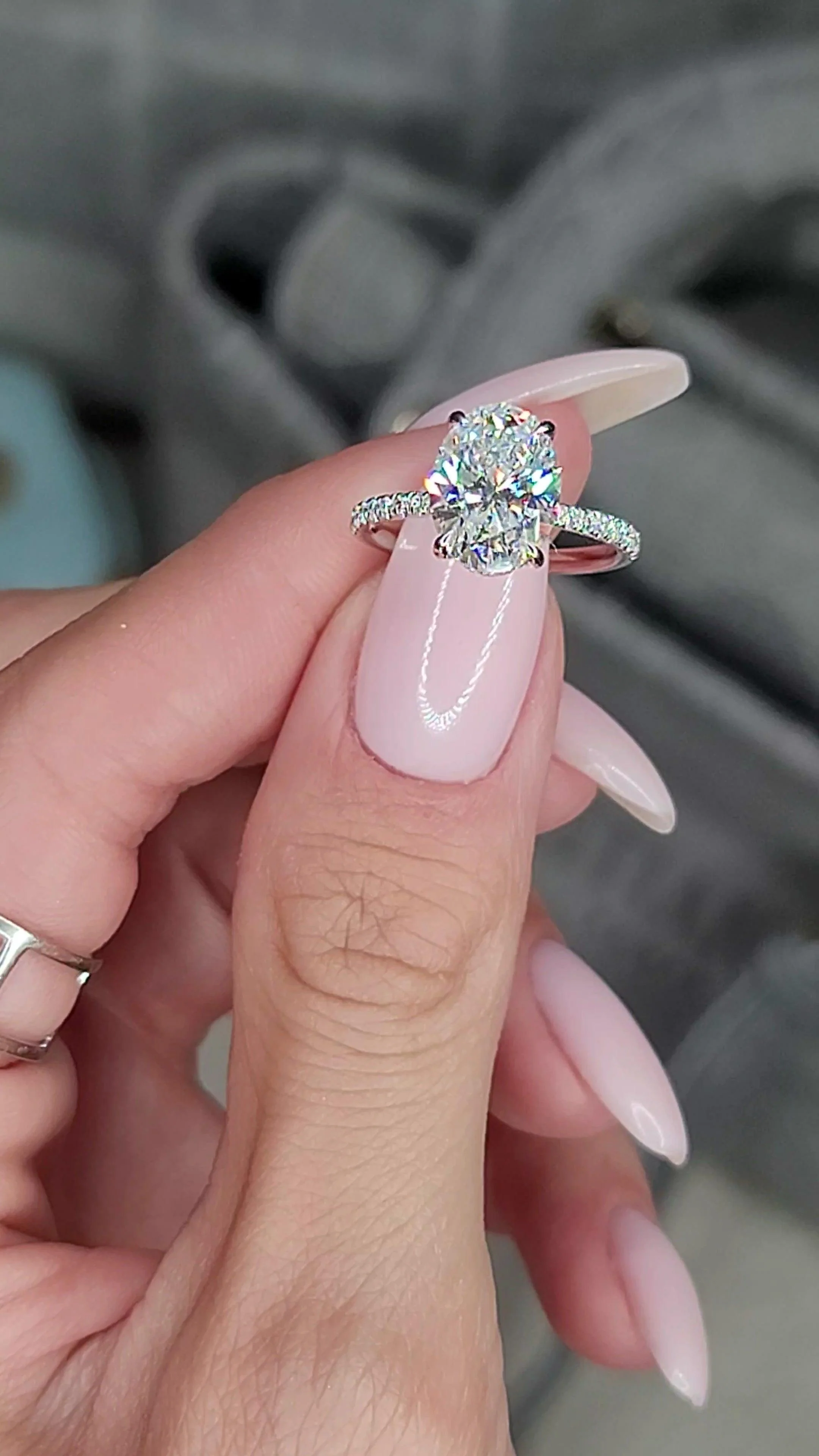 3.45 Carats Lab Grown Oval Cut Micropaved Side Stones Hidden Halo Diamond Engagement Ring - Image 6