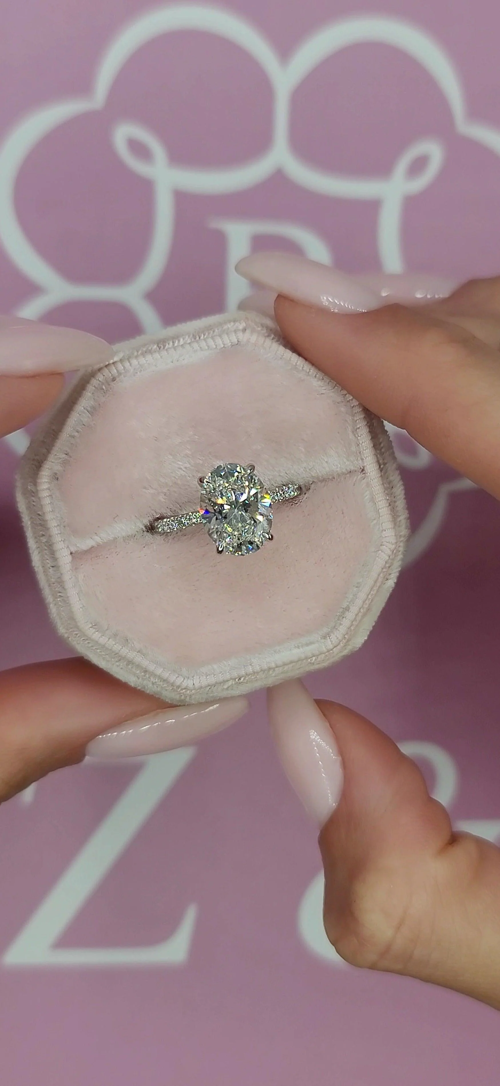 3.45 Carats Lab Grown Oval Cut Micropaved Side Stones Hidden Halo Diamond Engagement Ring - Image 7