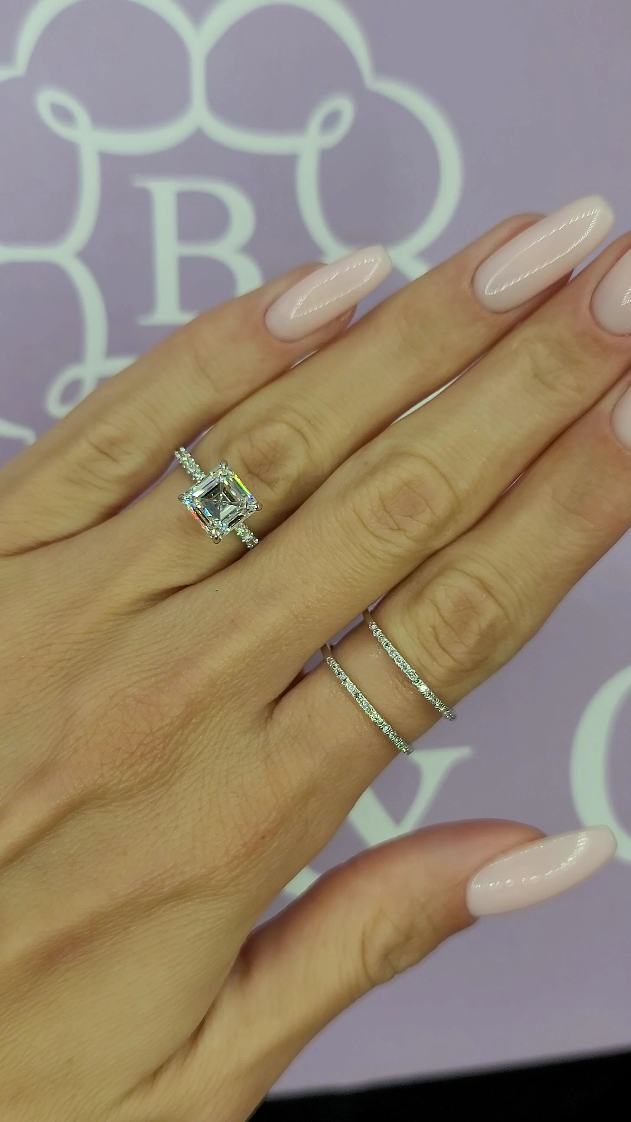 3.53 Carats Lab Grown Asscher Cut Micropaved Side Stones Hidden Halo Diamond Engagement Ring - Image 4