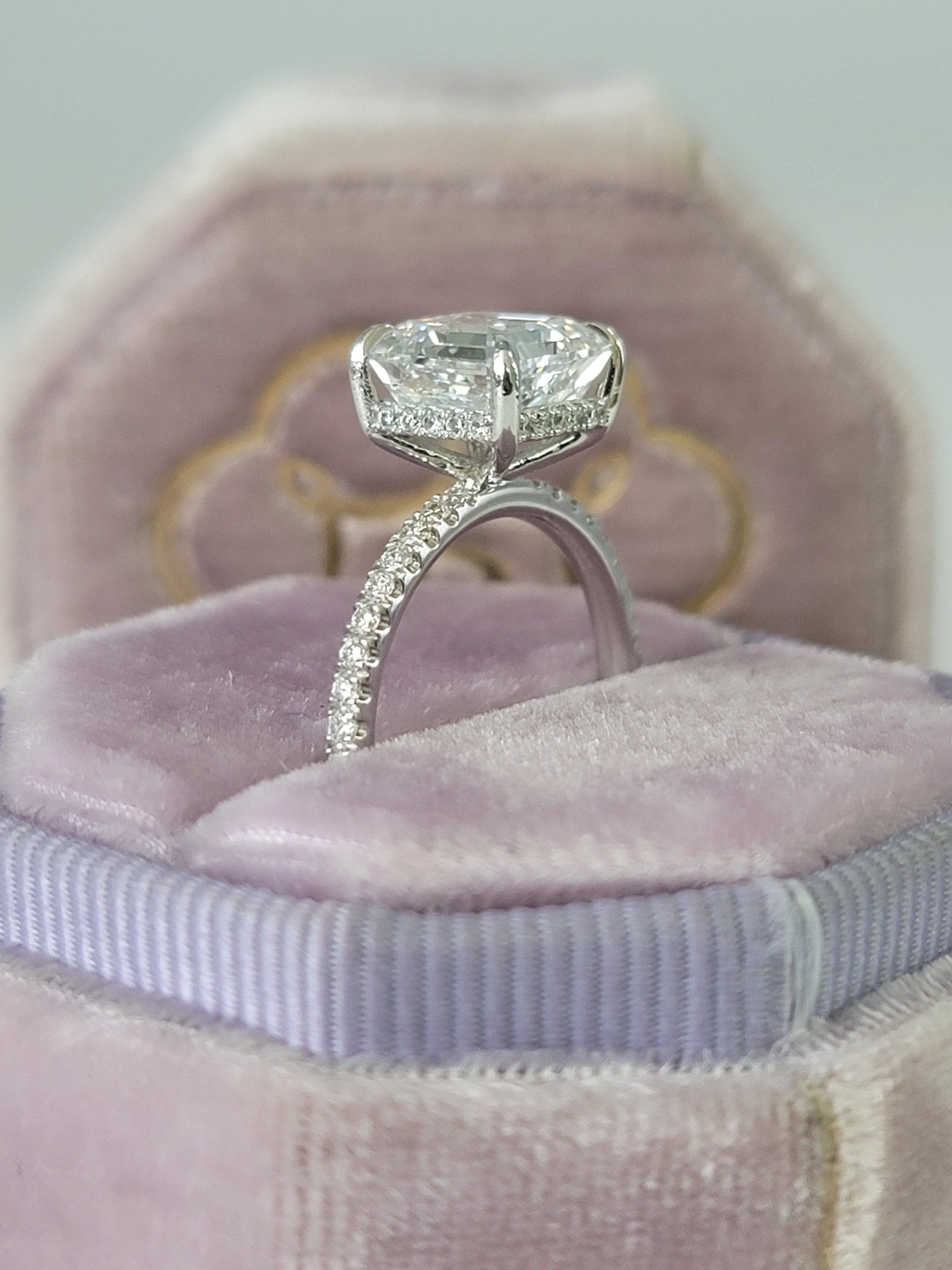 3.53 Carats Lab Grown Asscher Cut Micropaved Side Stones Hidden Halo Diamond Engagement Ring - Image 5