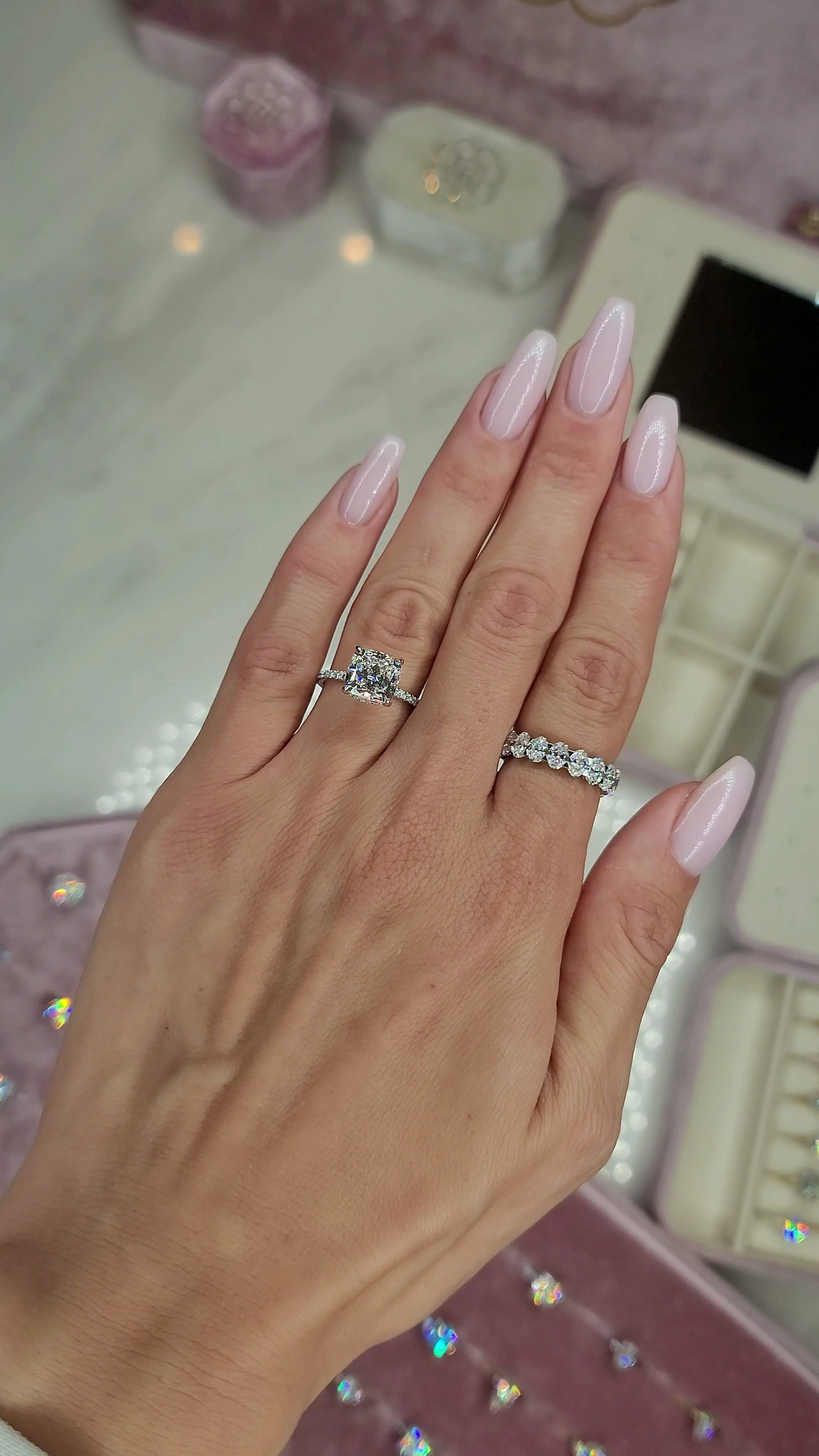 4.52 Carats Lab Grown Cushion Cut Micropaved Side Stones Hidden Halo Diamond Engagement Ring - Image 3