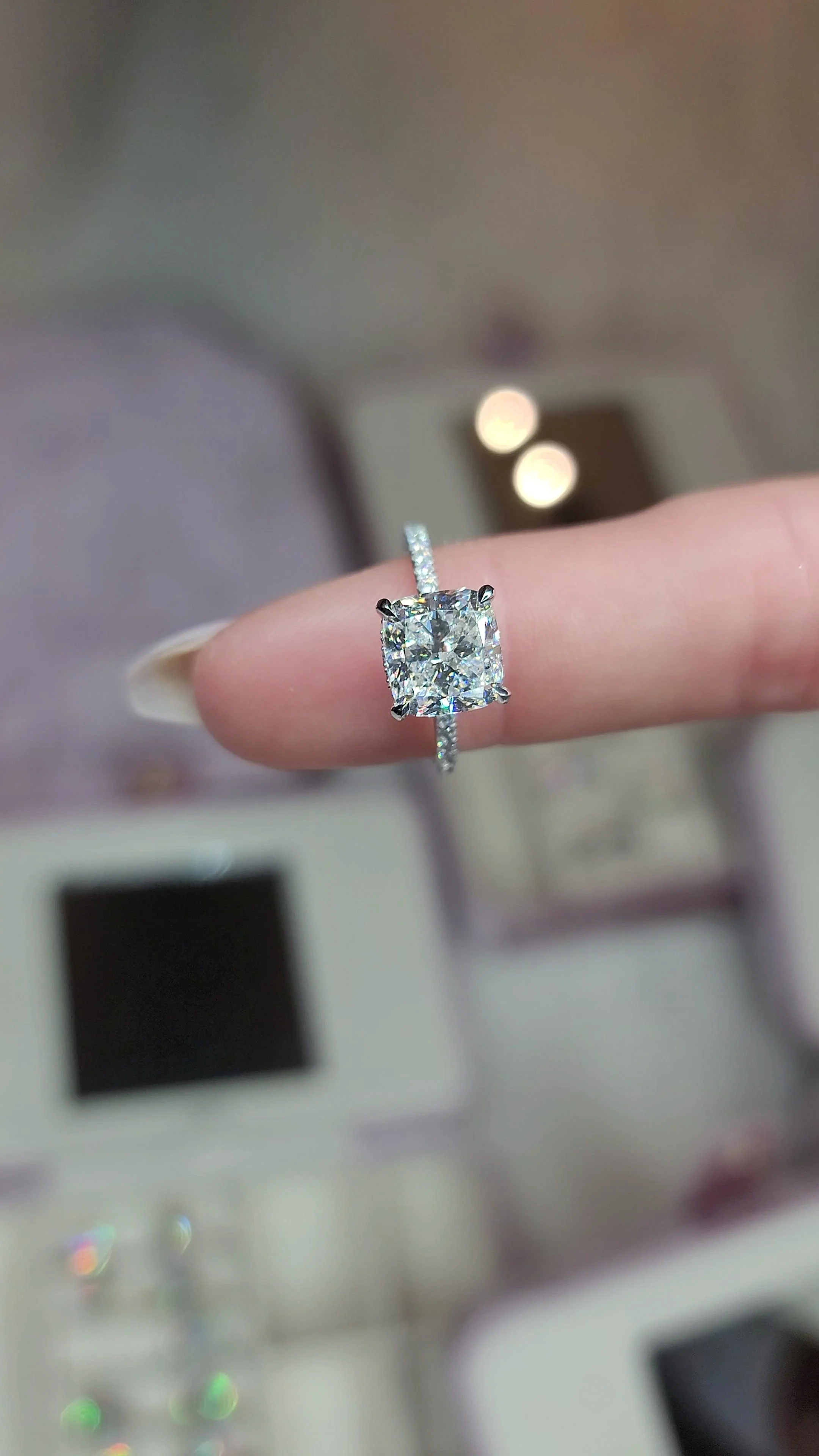 4.52 Carats Lab Grown Cushion Cut Micropaved Side Stones Hidden Halo Diamond Engagement Ring - Image 4