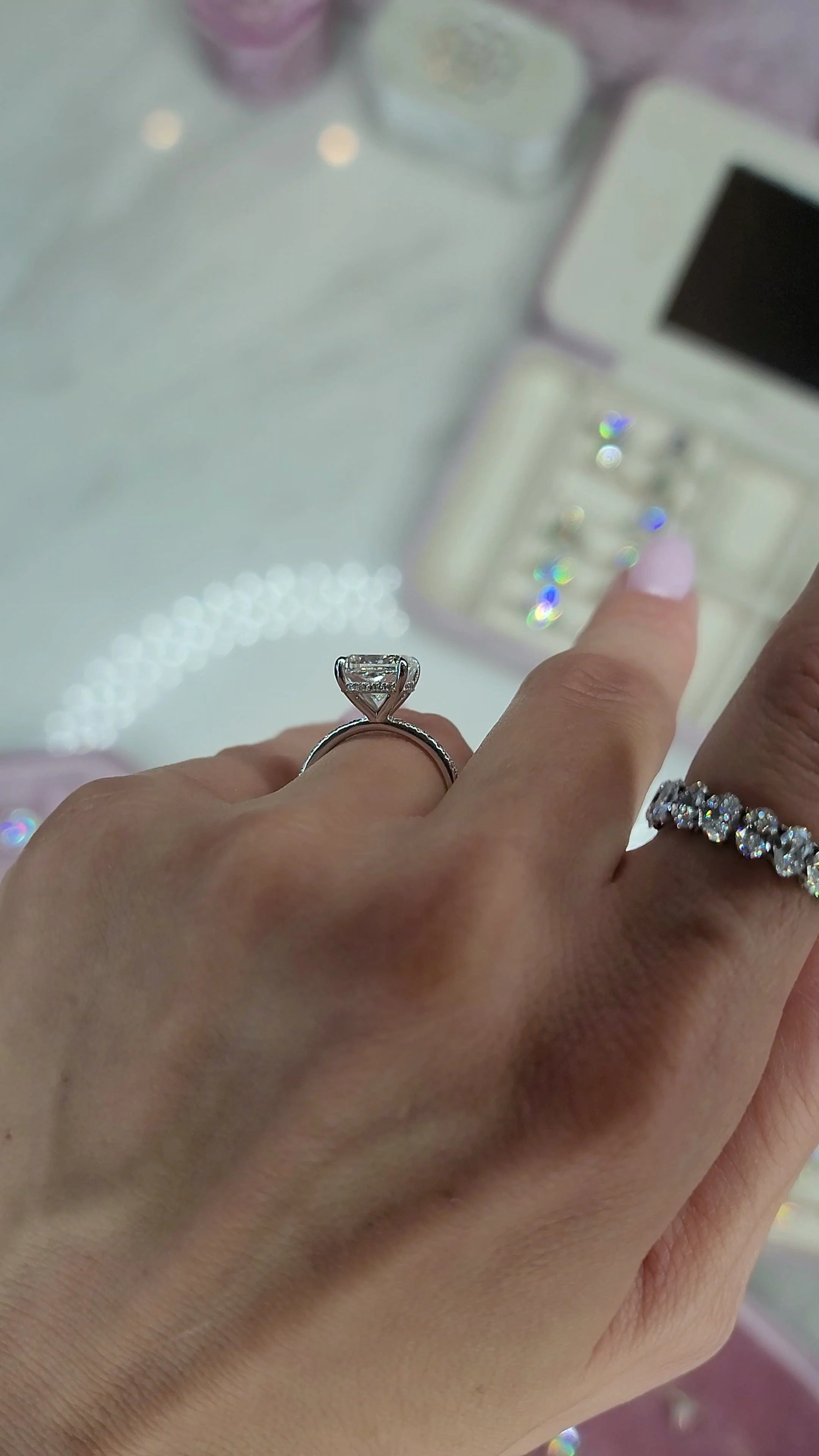 4.52 Carats Lab Grown Cushion Cut Micropaved Side Stones Hidden Halo Diamond Engagement Ring - Image 5