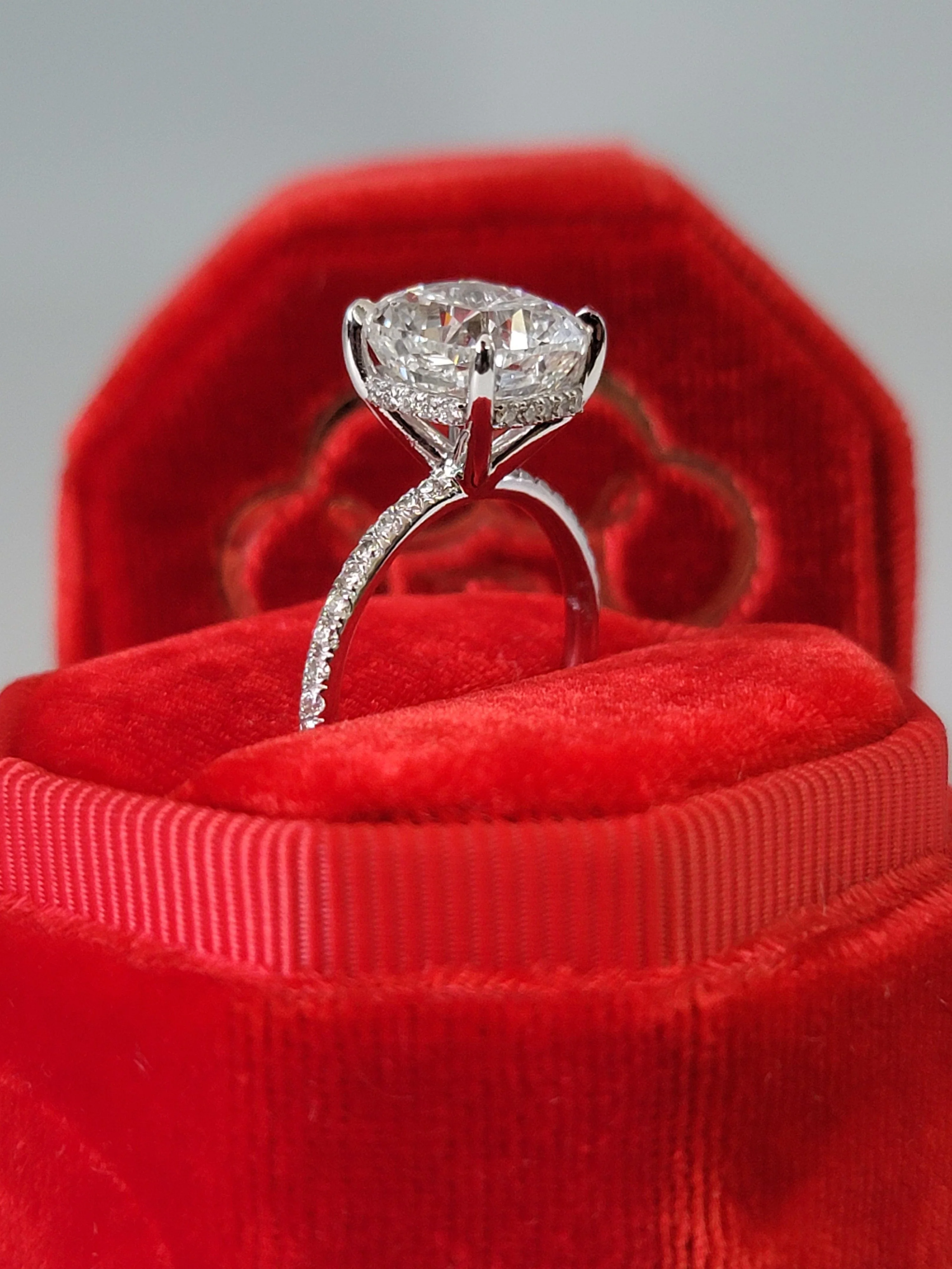 4.52 Carats Lab Grown Cushion Cut Micropaved Side Stones Hidden Halo Diamond Engagement Ring - Image 6