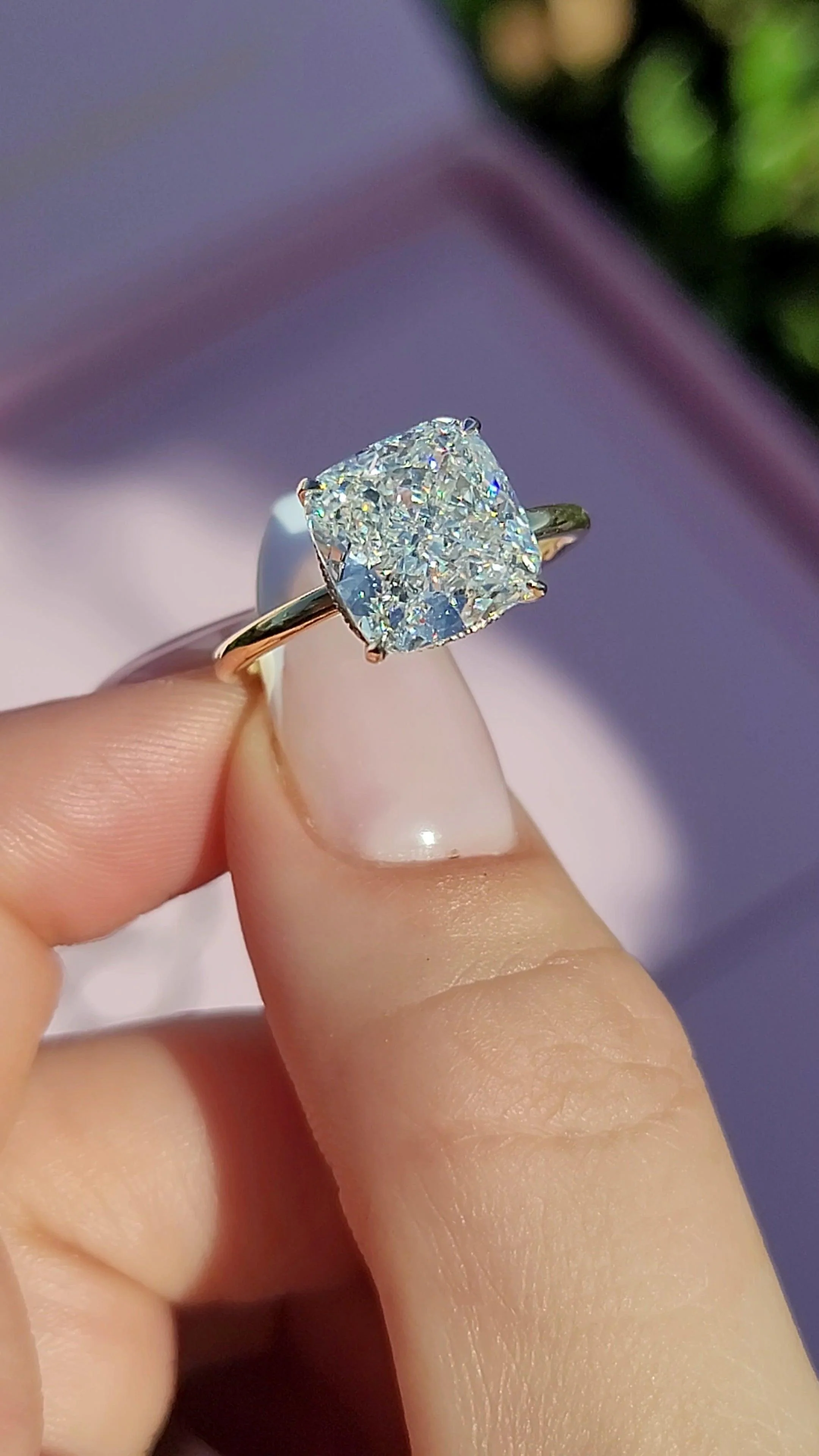 5.20 Carats Lab Grown Cushion Cut Solitaire Hidden Halo Diamond Engagement Ring 14K Yellow Gold - Image 4